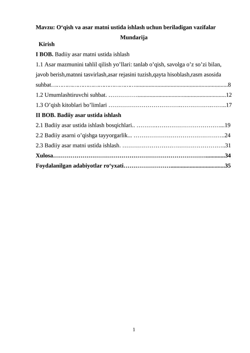 O‘qish va asar matni ustida ishlash uchun beriladigan vazifalar 1