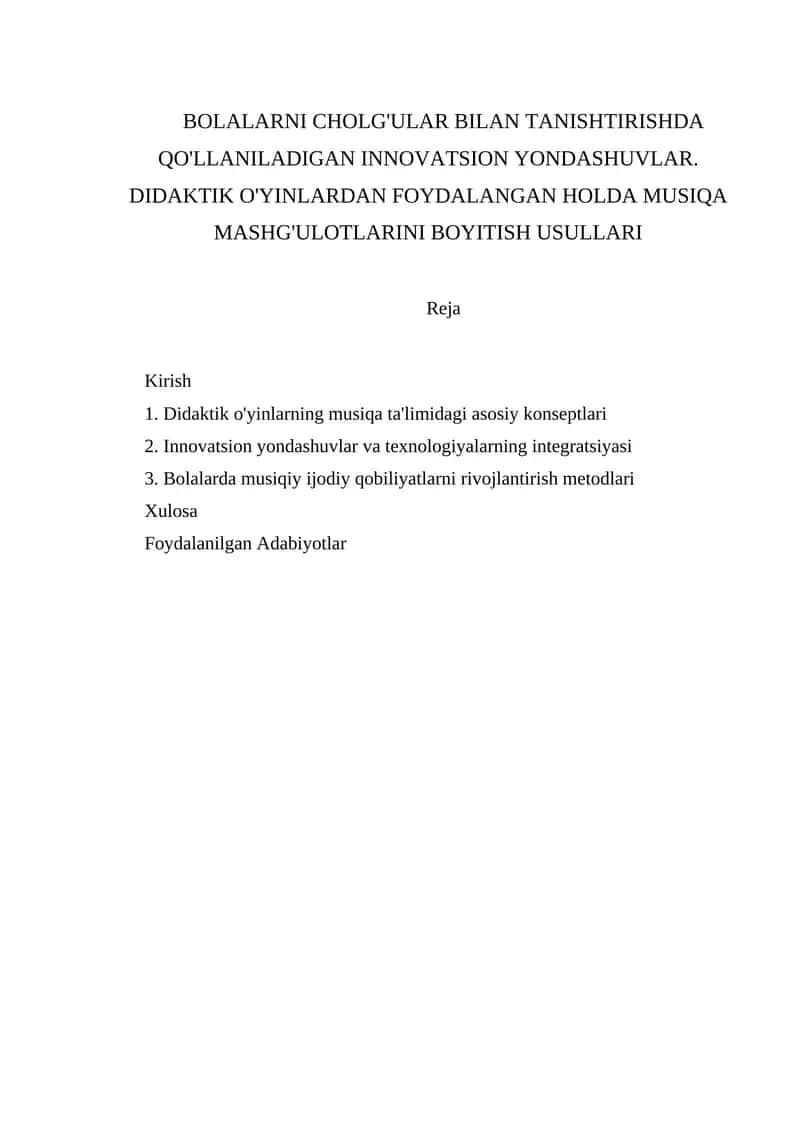 Didaktik O'yinlar va Musiqa Mashg'ulotlari 1