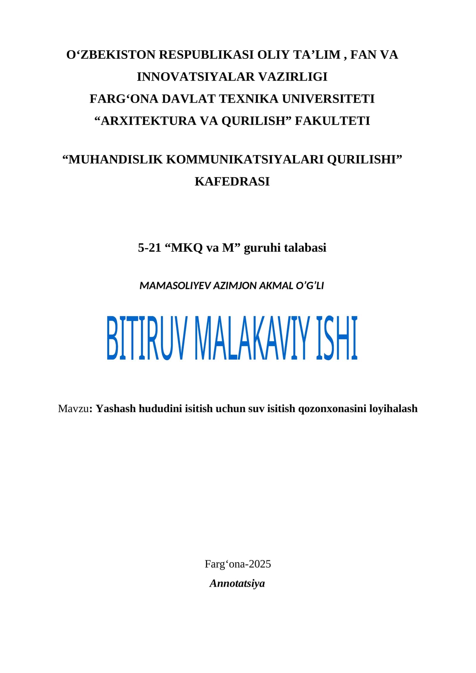 Yashash hududini isitish uchun suv isitish qozonxonasini loyihalash 1