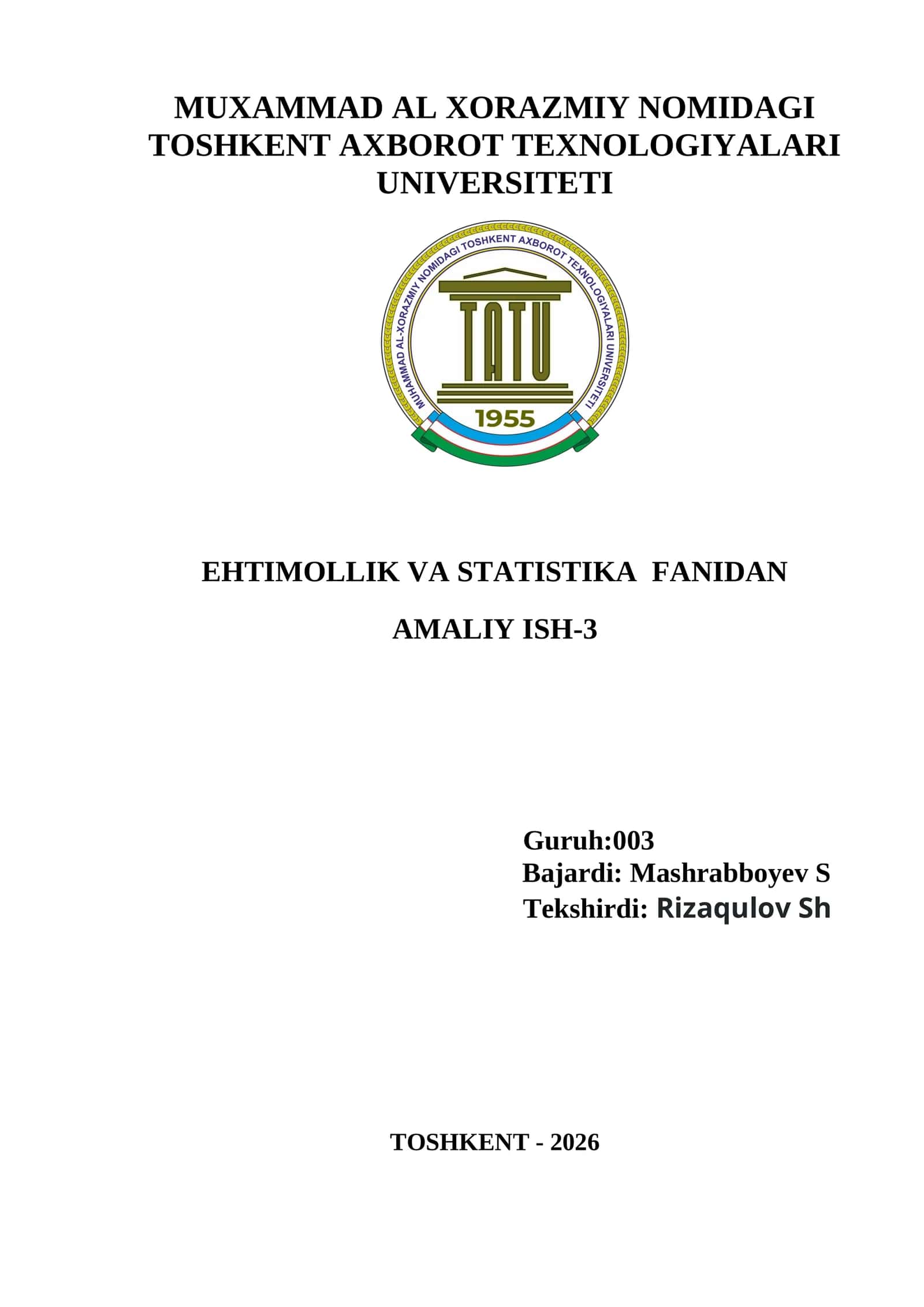 EHTIMOLLIK VA STATISTIKA FANIDAN AMALIY ISH-3 variant 8 1