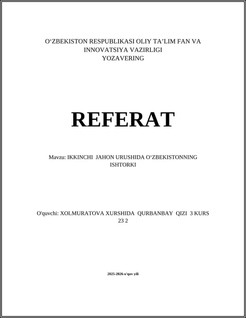 IKKINCHI JAHON URUSHIDA OʻZBEKISTONNING ISHTORKI 1