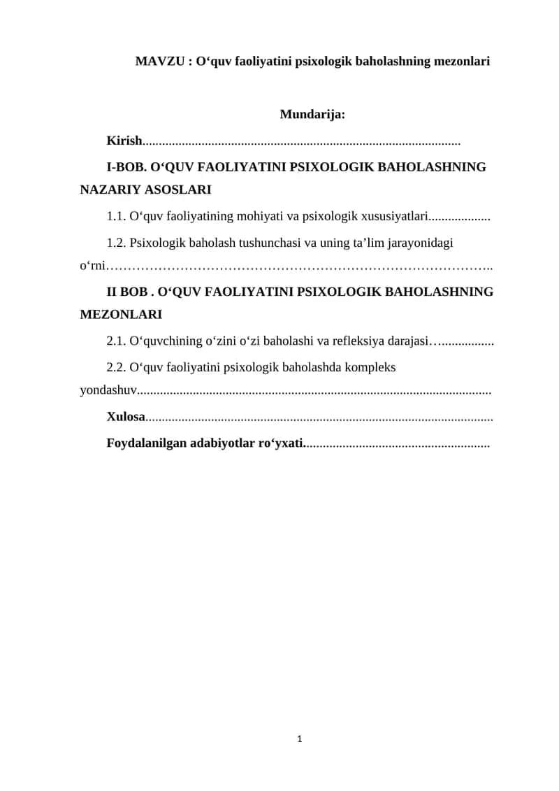 O‘quv faoliyatini psixologik baholashning mezonlari 1