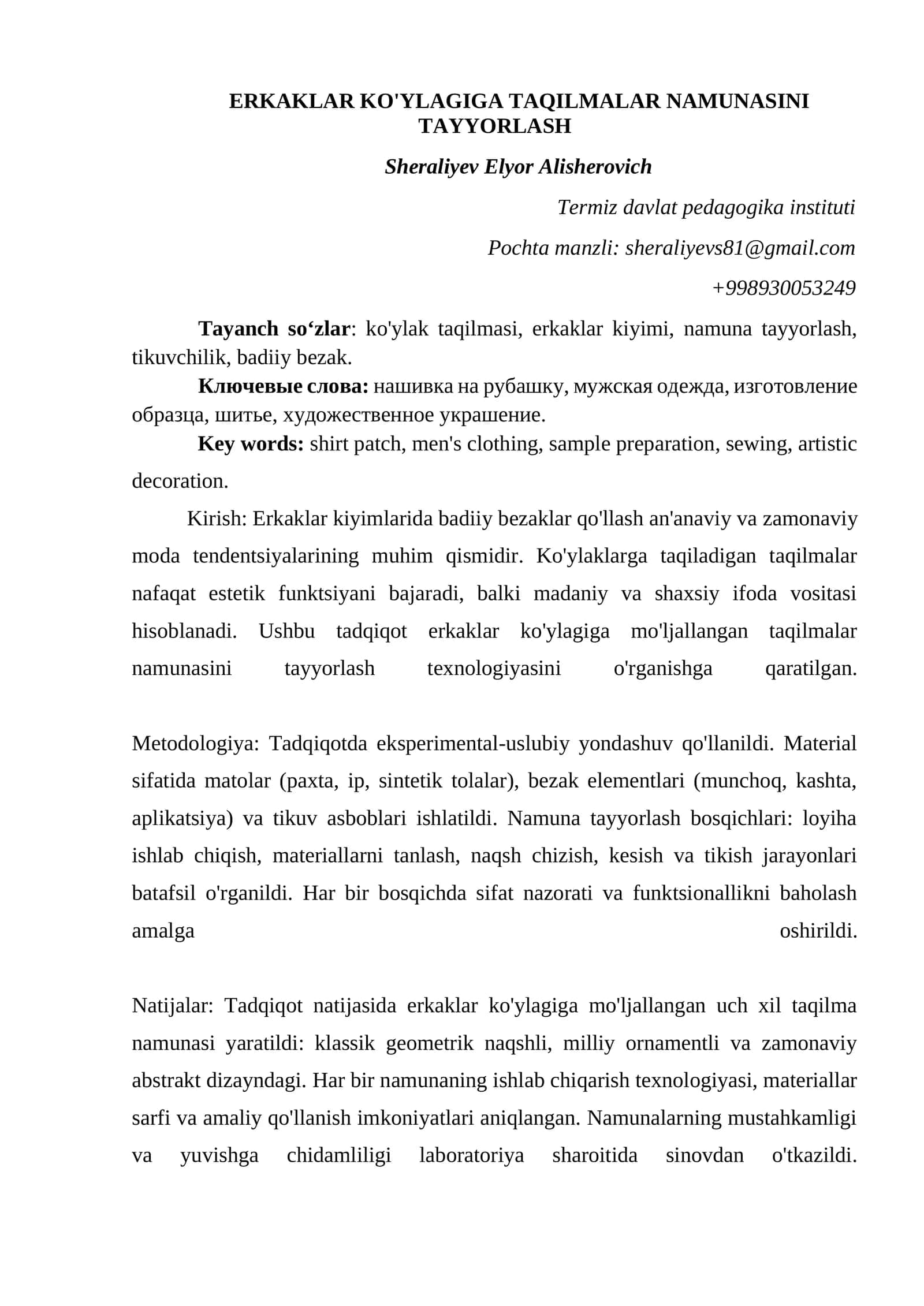 KO'YLAGIGA TAQILMALAR NAMUNASINI TAYYORLASH 1