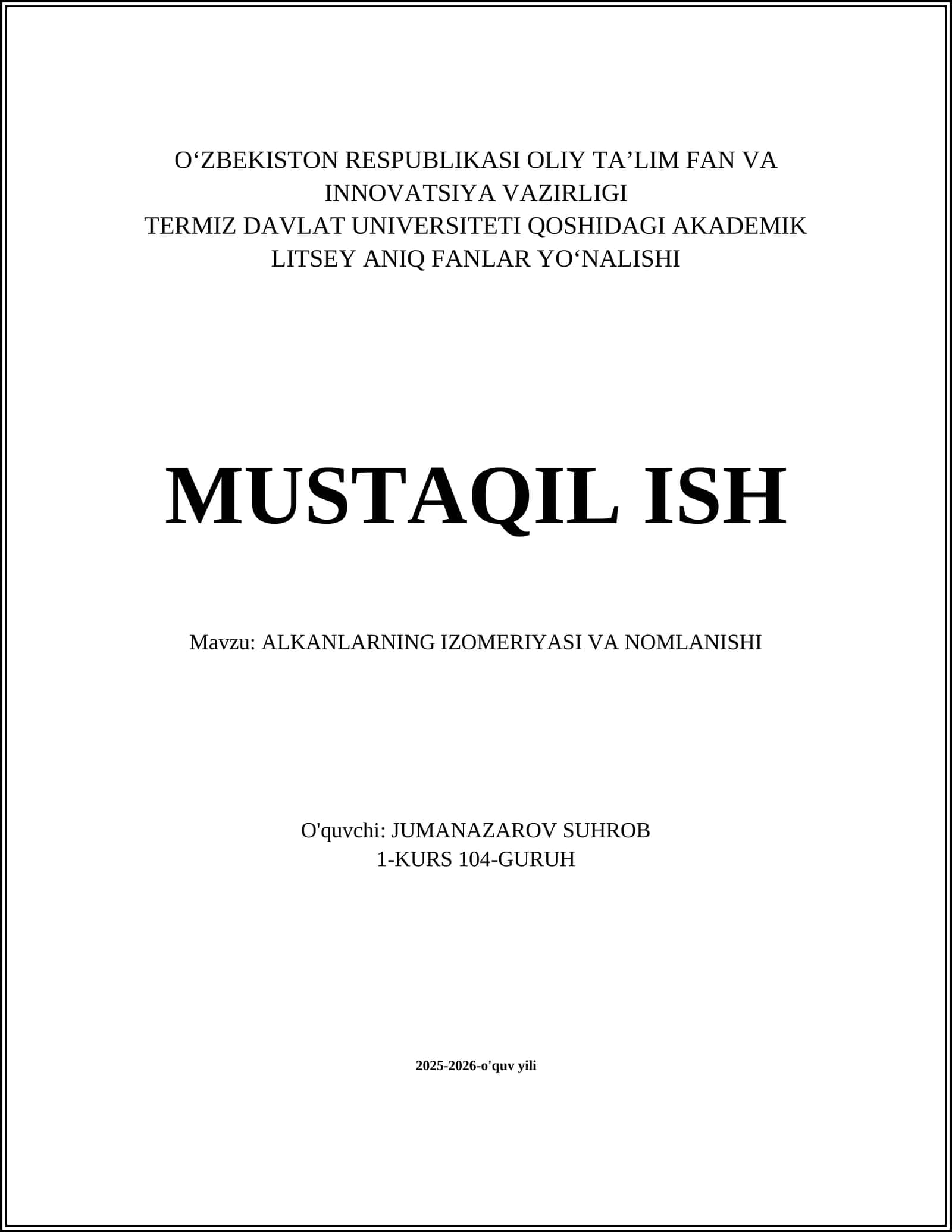 ALKANLARNING IZOMERIYASI VA NOMLANISHI 1