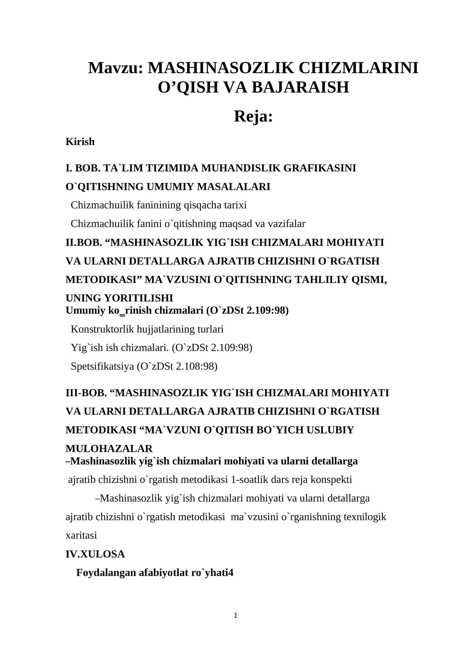 MASHINASOZLIK CHIZMLARINI O’QISH VA BAJARAISH 1