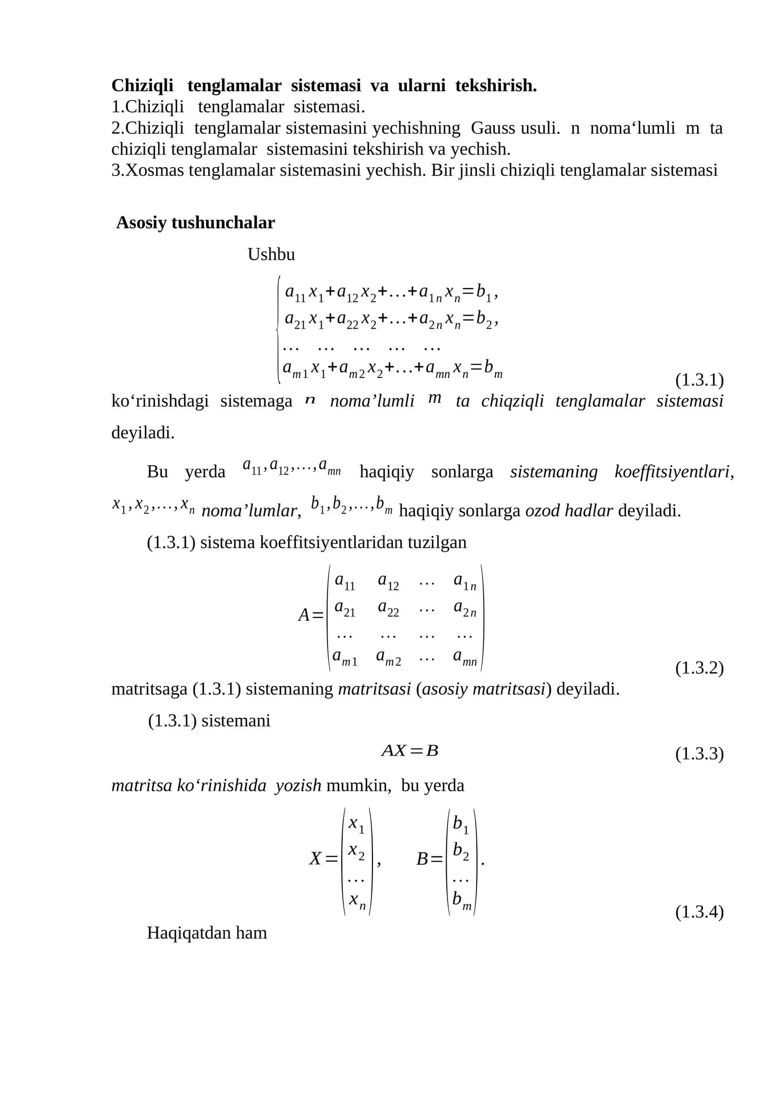 Chiziqli tenglamalar sistemasi va ularni tekshirish 1