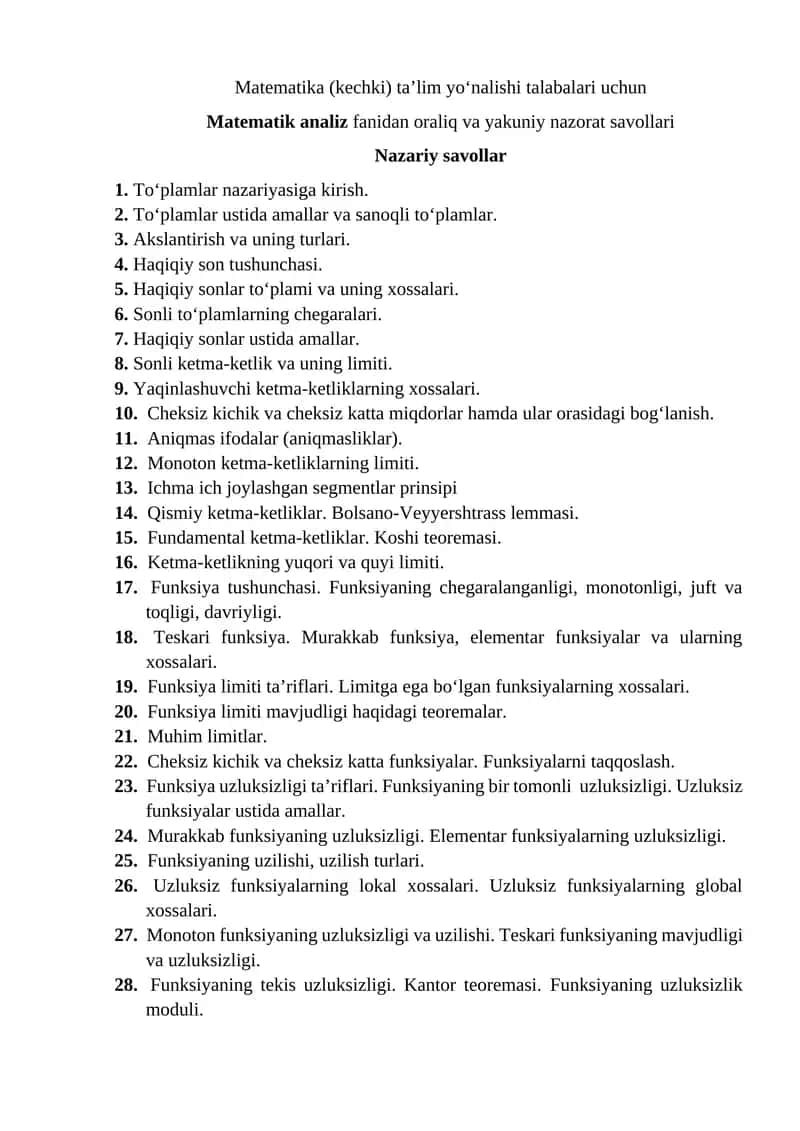 Matematik analiz fanidan oraliq va yakuniy nazorat savollari 1