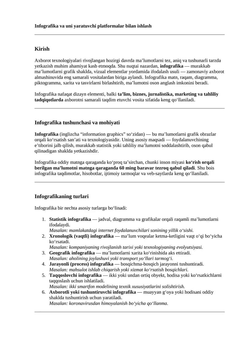 Infografika va uni yaratuvchi platformalar bilan ishlash 1