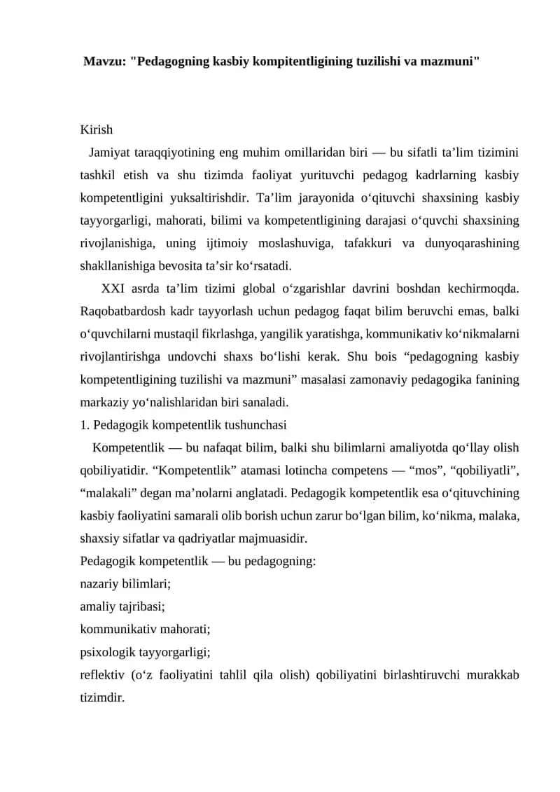 Pedagogning kasbiy kompitentligining tuzilishi va mazmuni 1