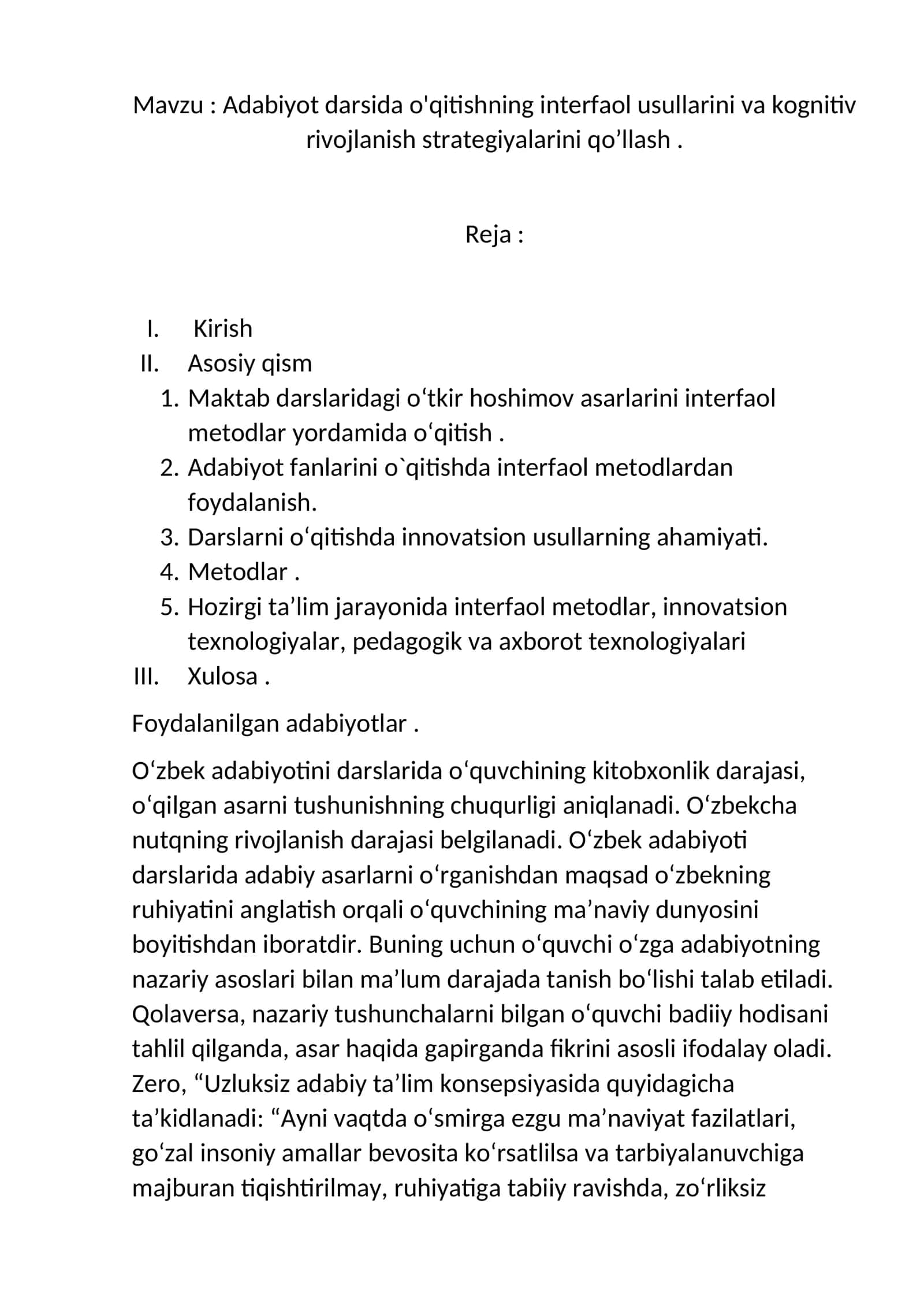 Adabiyot Darsida O'qitish Interfaol Usullari 1