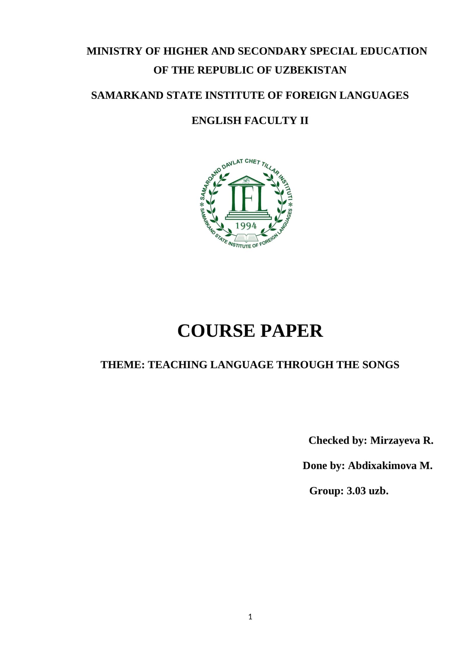 COURSE PAPER ON TEACHING LANGUAGE THROUGH THE SONGS 1