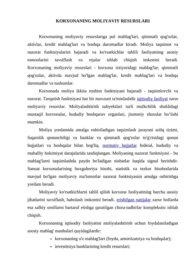 Korxonaning Moliyaviy Resurslari 1