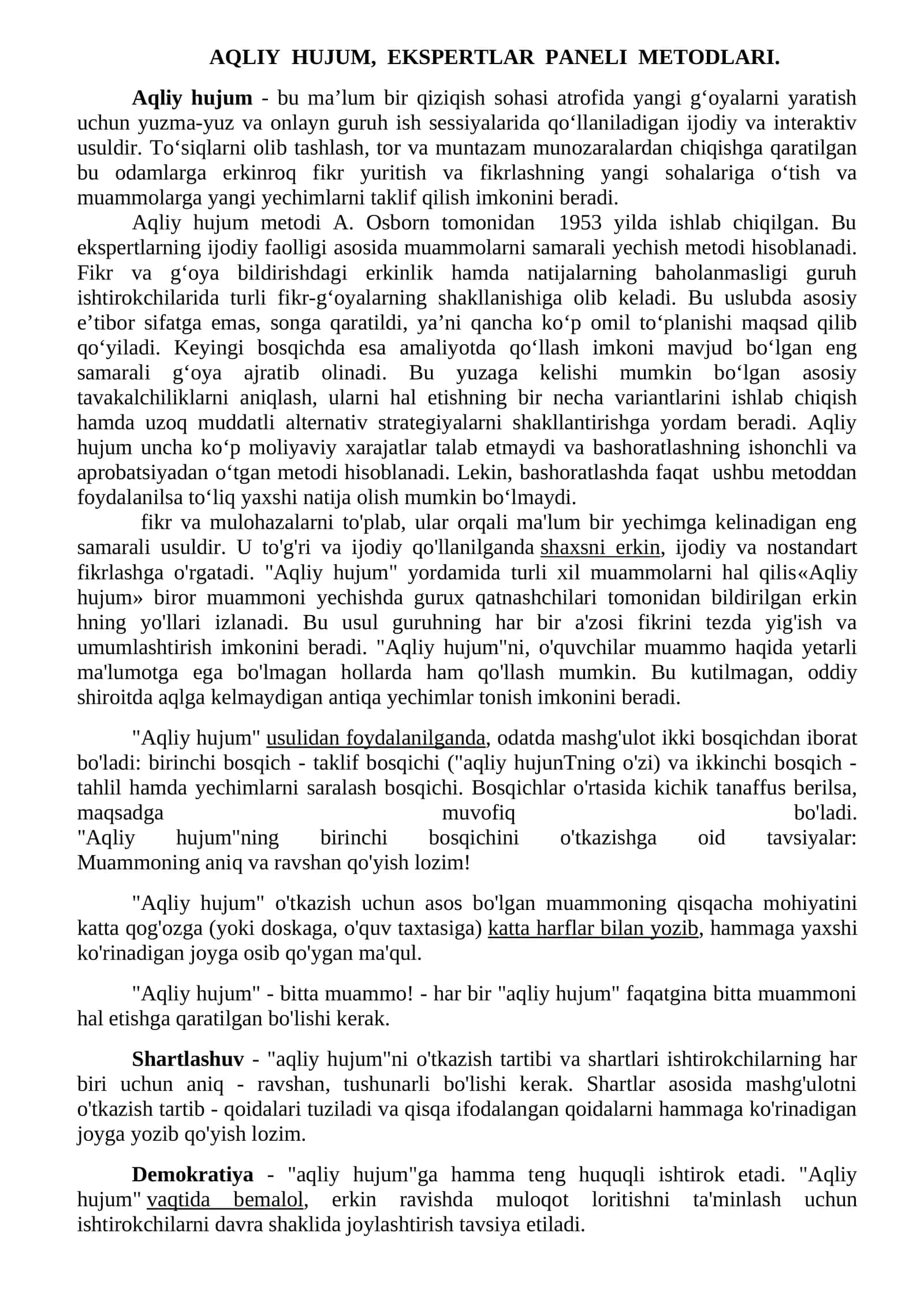 AQLIY HUJUM, EKSPERTLAR PANELI METODLARI 1