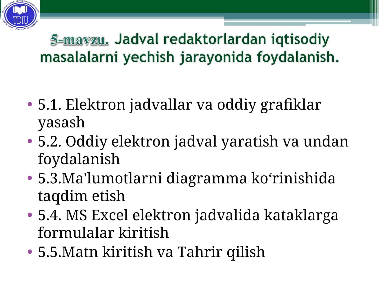 Microsoft Office Excel dasturi tasnifi 1