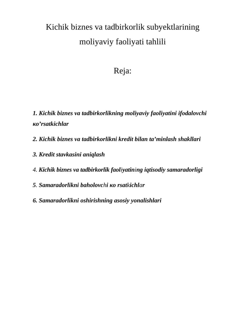 Kichik biznes va tadbirkorlikning moliyaviy faoliyatini ifodalovchi ко’rsatkichlar 1