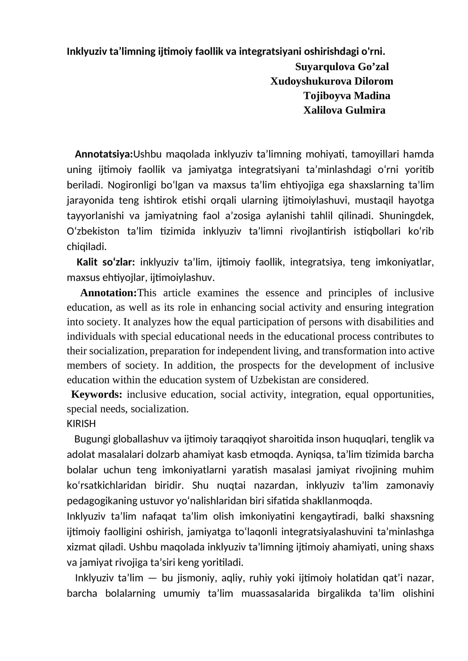 Inklyuziv Taʼlimning Ijtimoiy Faollik va Integratsiyani Oshirishdagi O'rni 1