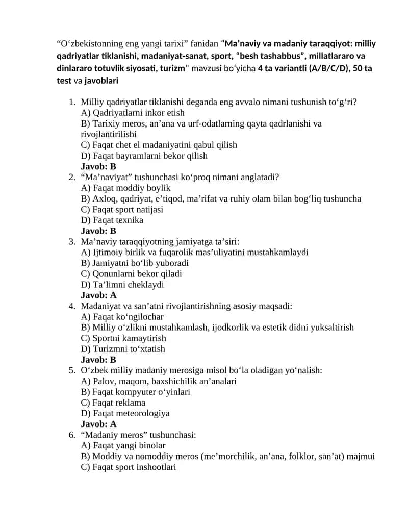 Oʻzbekistonning eng yangi tarixi 7-test 1