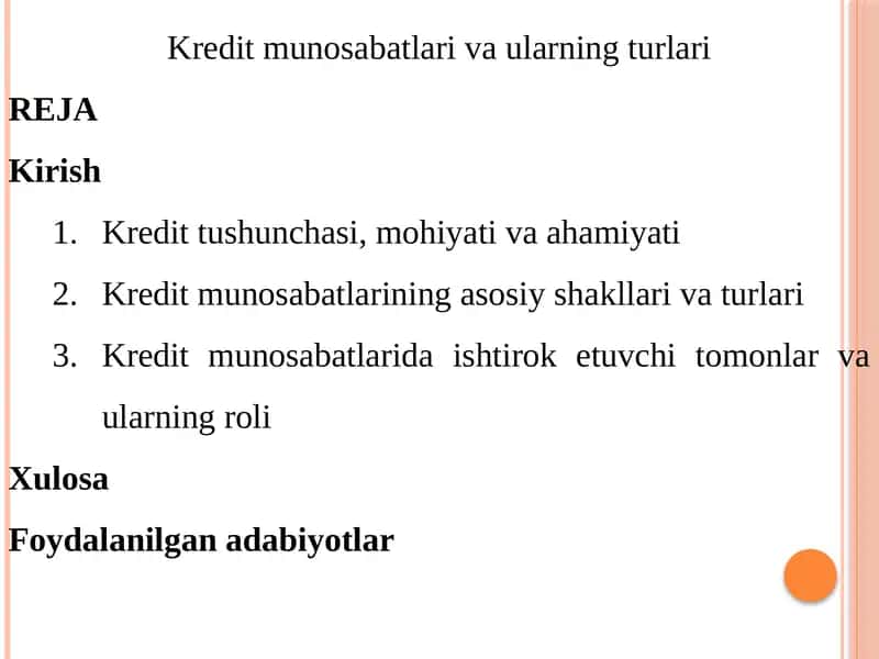 Kredit munosabatlari va ularning turlari 1