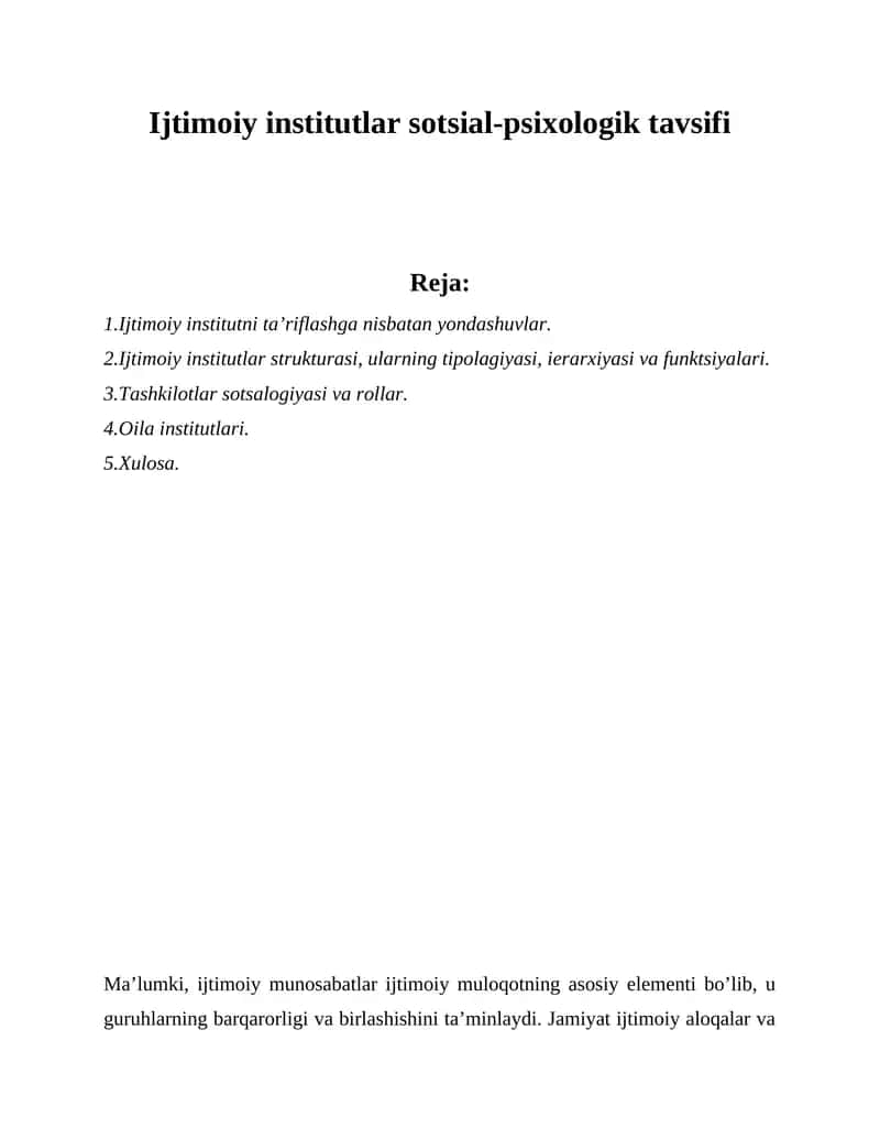 Ijtimoiy institutlar sotsial-psixologik tavsifi 1