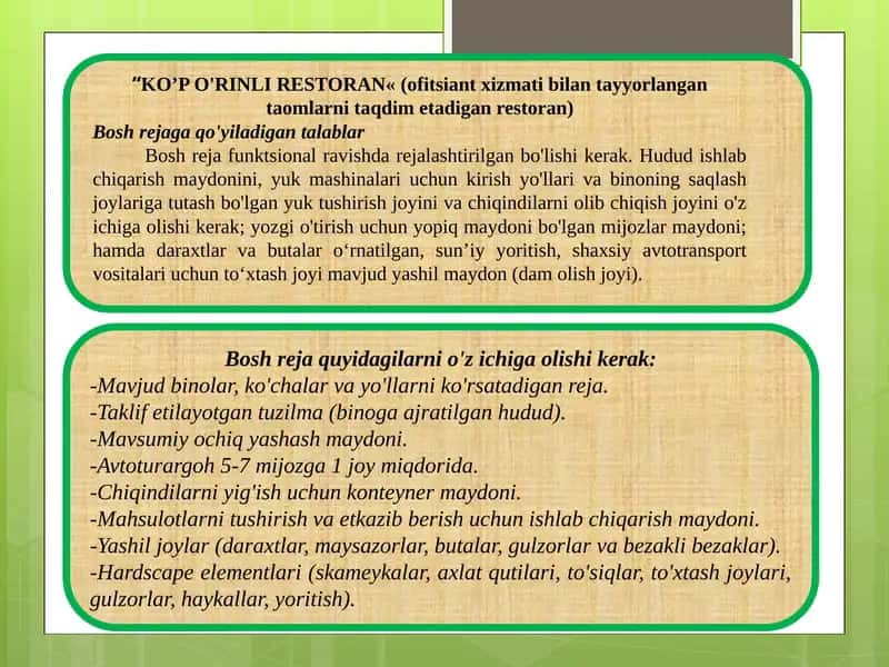 Ko'p o'rinli restoran bosh reja talablari 1