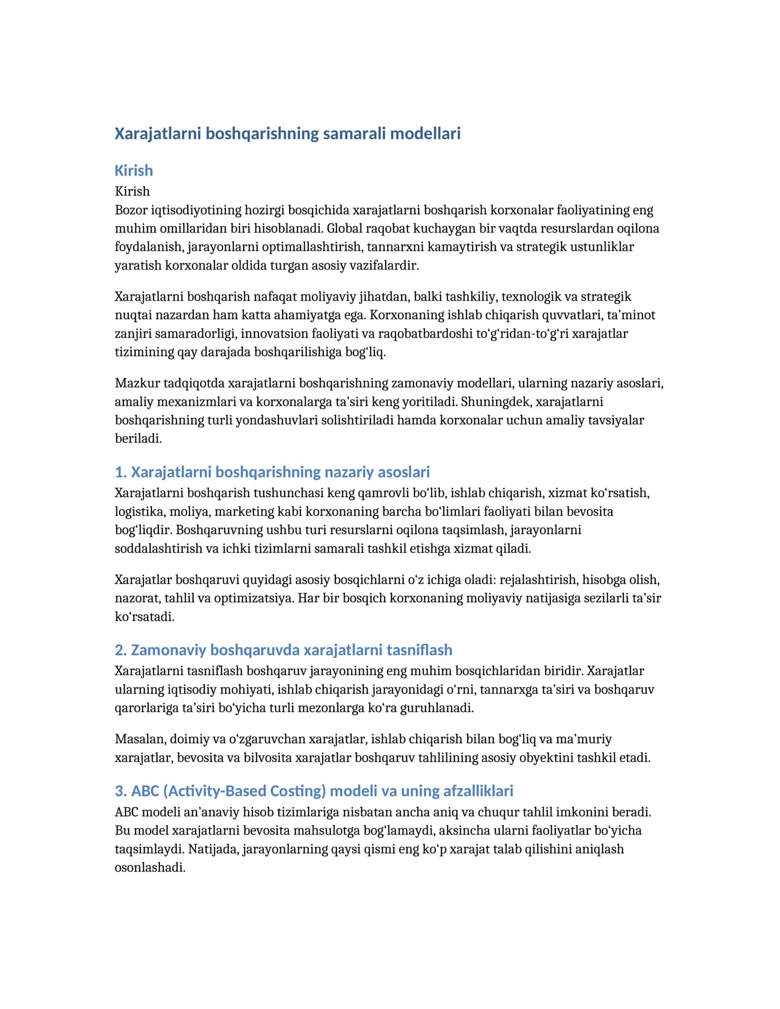 Xarajatlarni boshqarishning samarali modellari 1