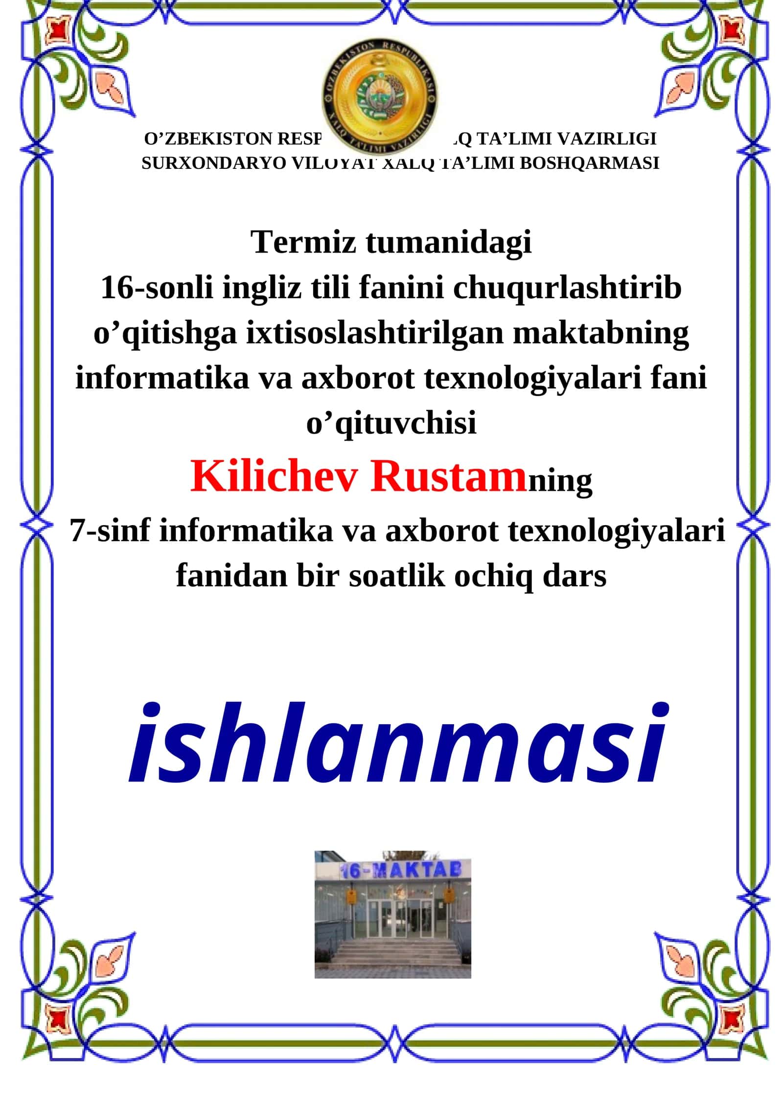 7-sinf Informatika fanidan Axborotlarni kodlash usullari ochiq dars ishlanmasi 1