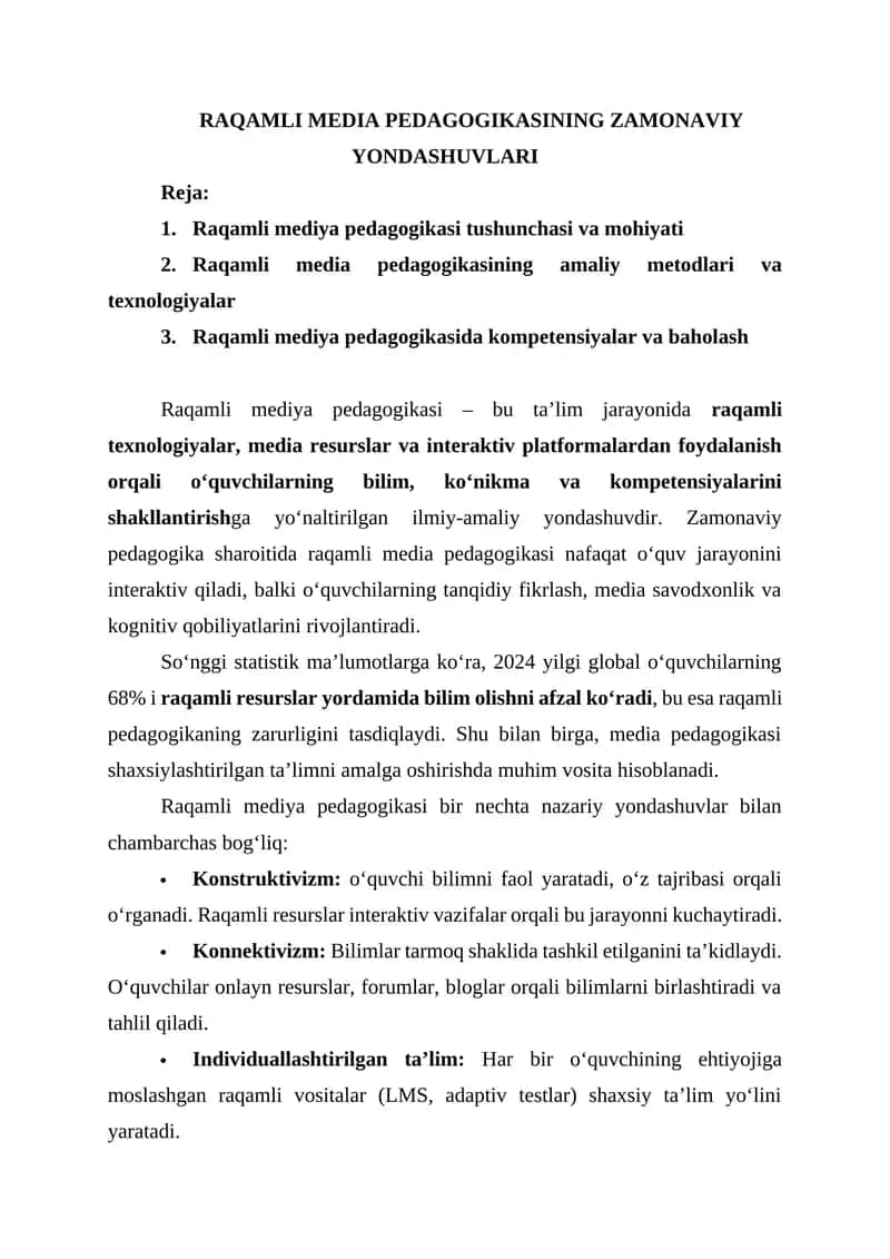 RAQAMLI MEDIA PEDAGOGIKASINING ZAMONAVIY YONDASHUVLARI 1