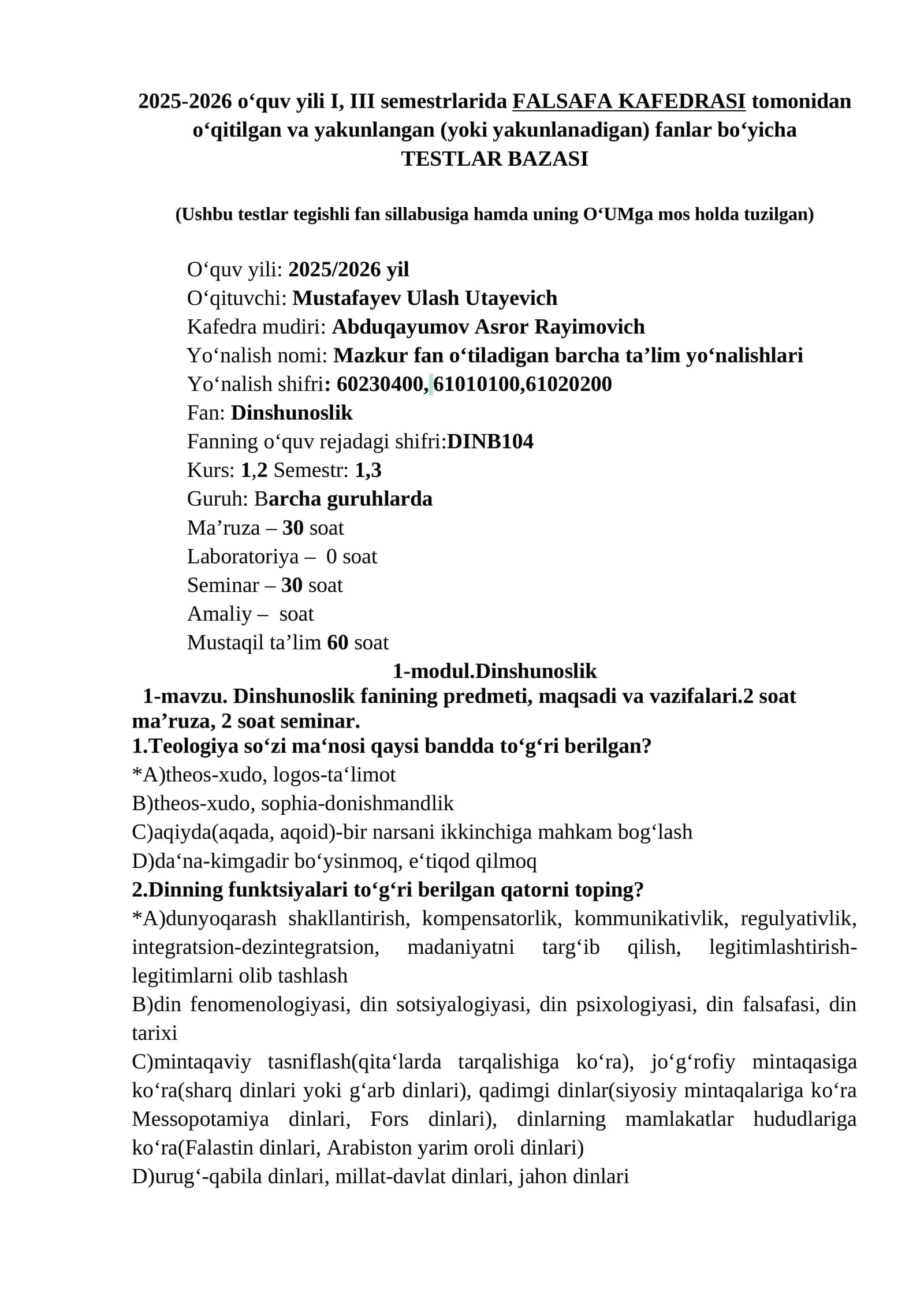 Dinshunoslik testlar bazasi 1
