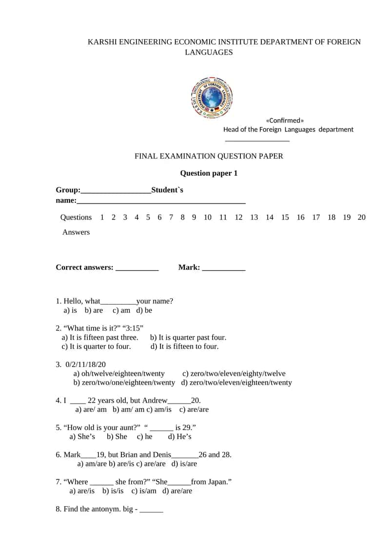 FINAL EXAMINATION QUESTION PAPER 1