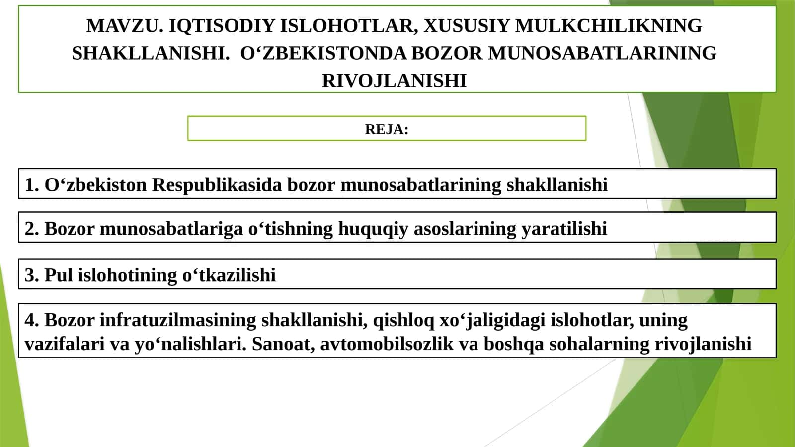 IQTISODIY ISLOHOTLAR, XUSUSIY MULKCHILIKNING SHAKLLANISHI. OʻZBEKISTONDA Bi 1