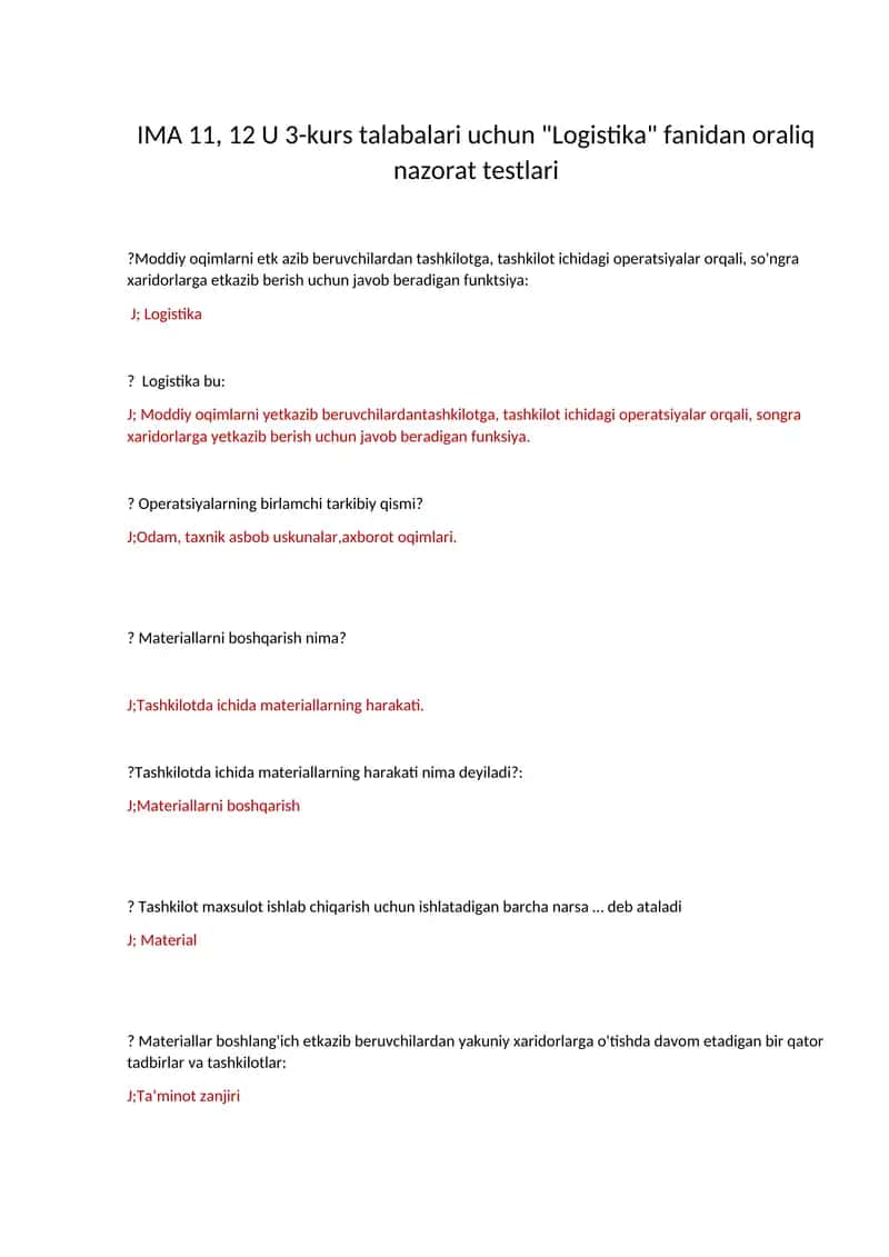 Logistika fanidan oraliq nazorat testlari 1