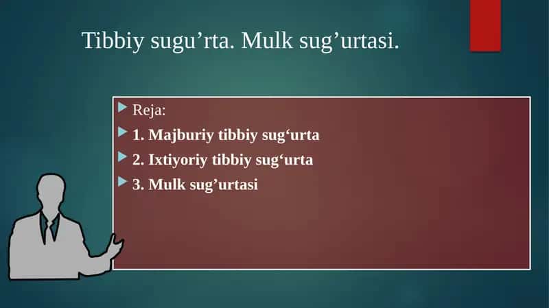 Tibbiy sugu’rta. Mulk sug’urtasi. 1