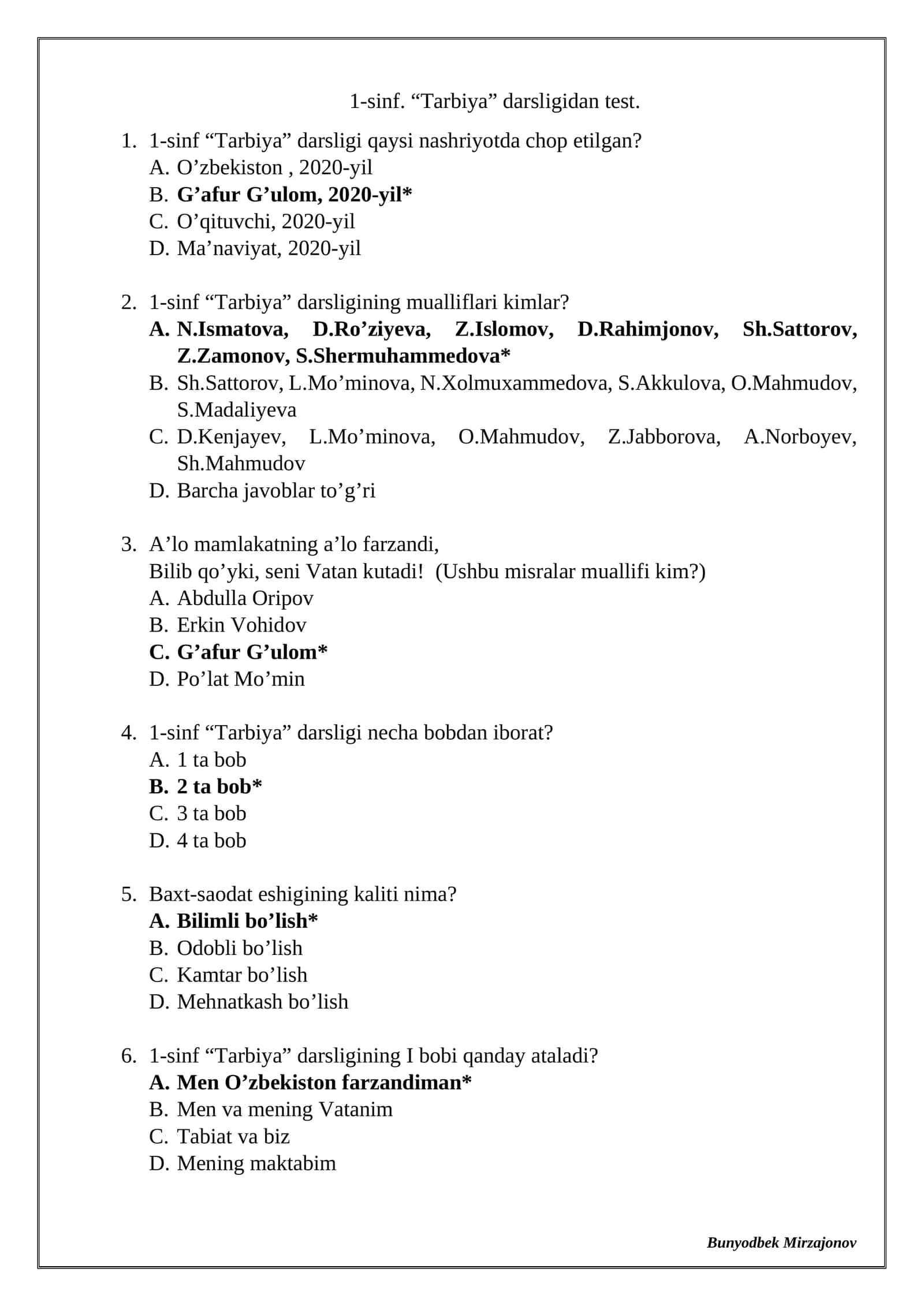 1-sinf. “Tarbiya” darsligidan test 1