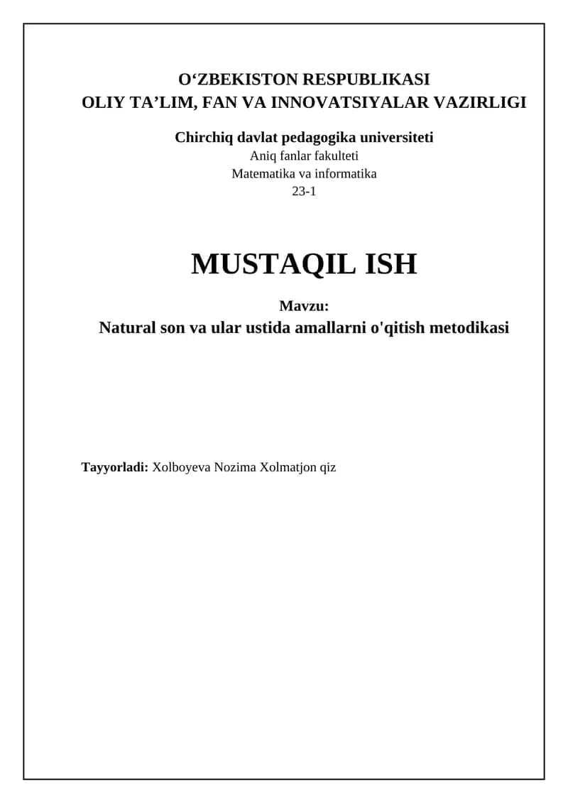 Natural son va ular ustida amallarni o'qitish metodikasi 1