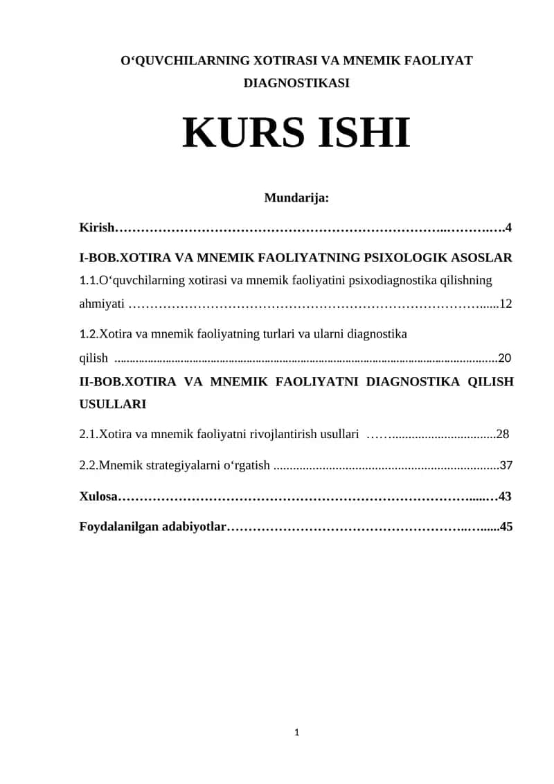 O‘QUVCHILARNING XOTIRASI VA MNEMIK FAOLIYAT DIAGNOSTIKASI 1