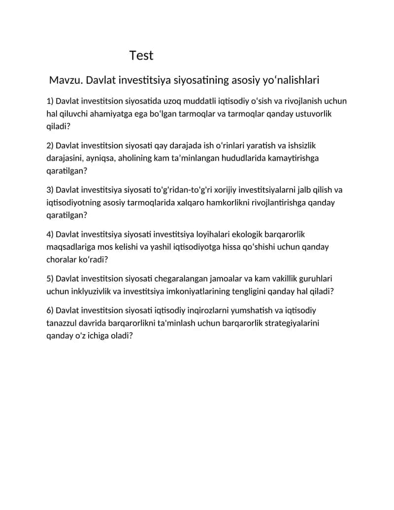 Davlat investitsiya siyosatining asosiy yo‘nalishlari 1