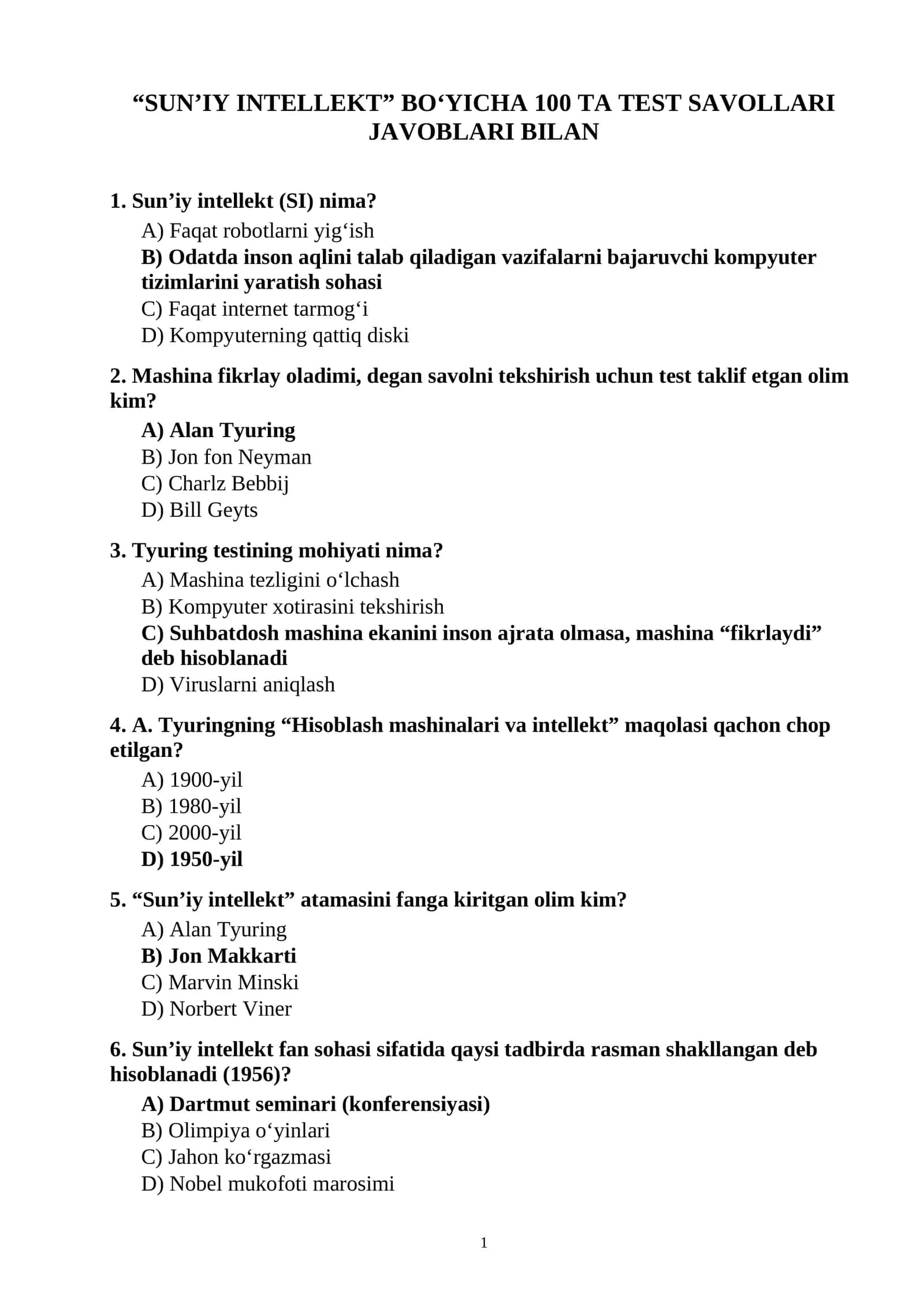 Sun’iy intellekt fanidan 100 ta test savollari javoblari bilan 1