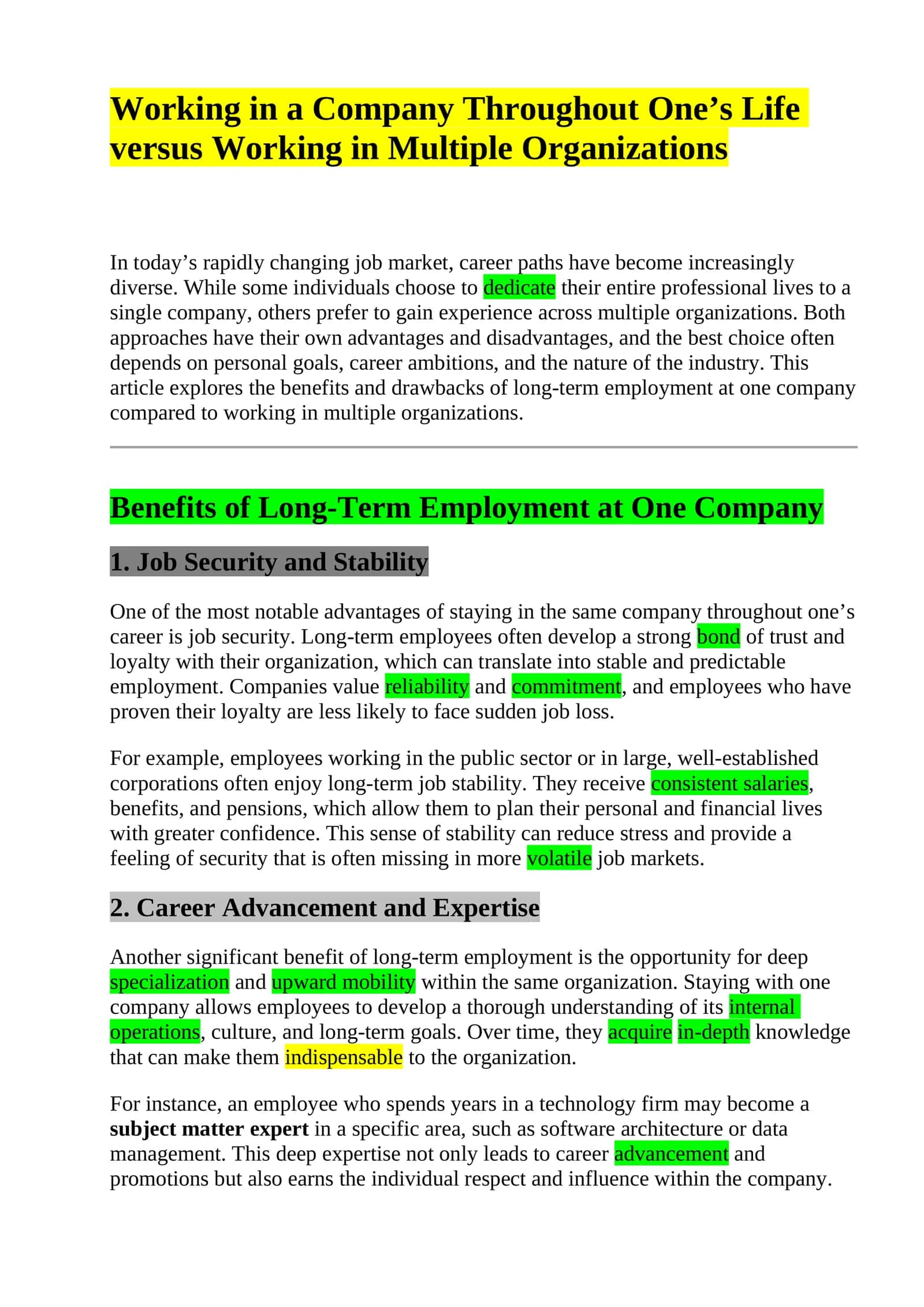Working in a Company Throughout One’s Life versus Working in Multiple Organizations 1