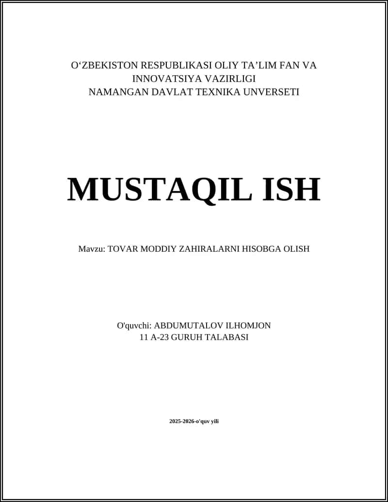 TOVAR MODDIY ZAHIRALARNI HISOBGA OLISH 1