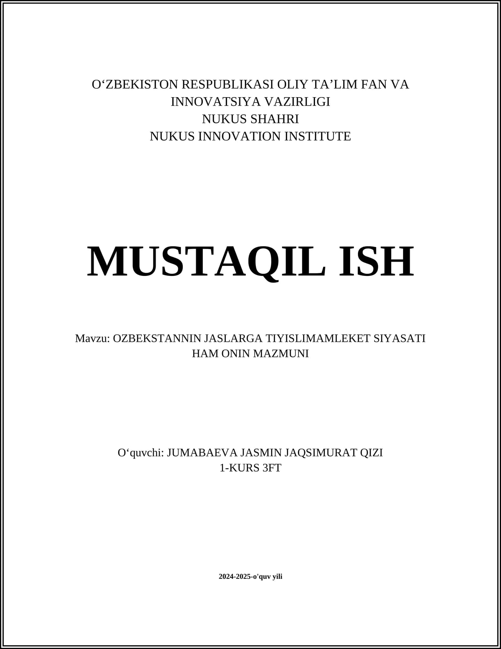 O‘ZBEKISTON RESPUBLIKASI OLIY TA’LIM FAN VA INNOVATSIYA VAZIRLIGI 1