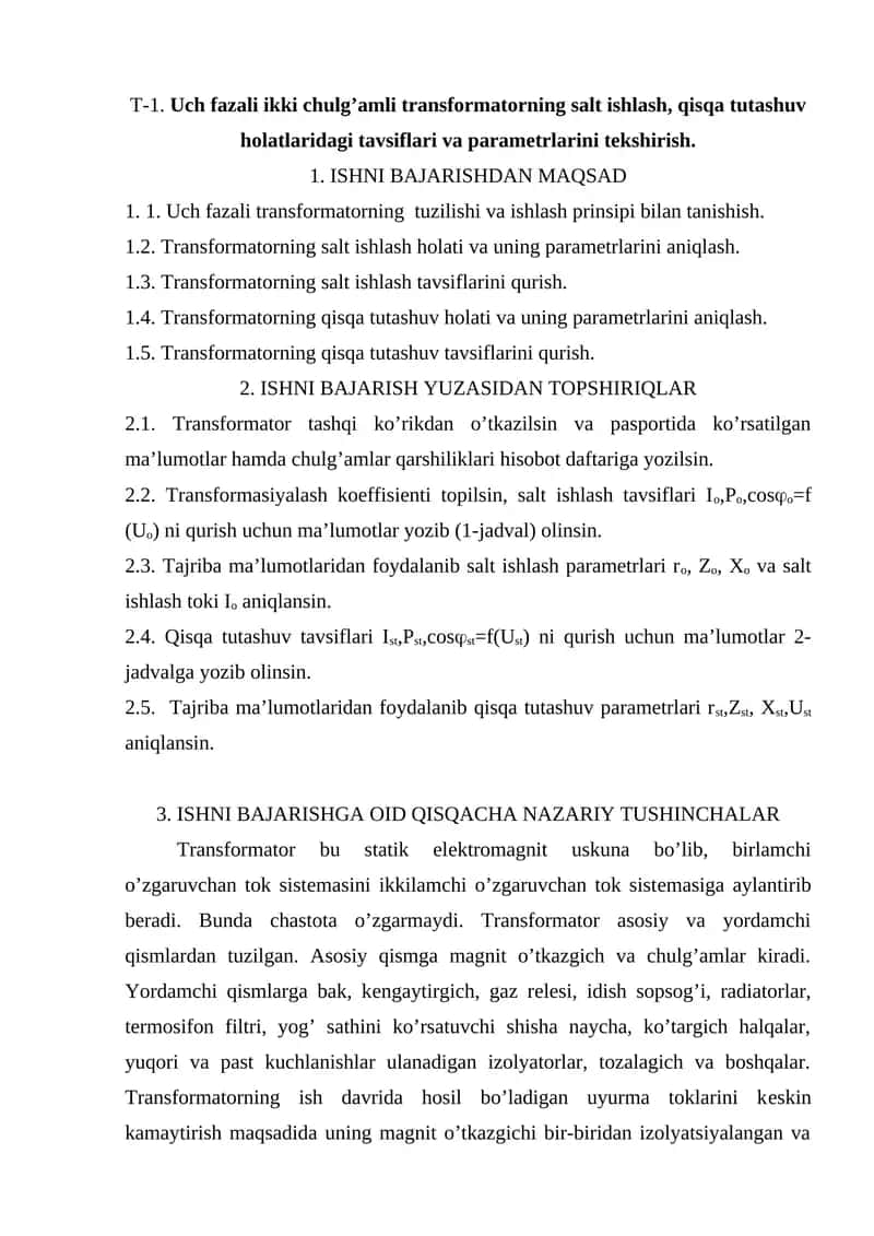 Uch fazali ikki chulg’amli transformatorning ishlashini o'rganish 1