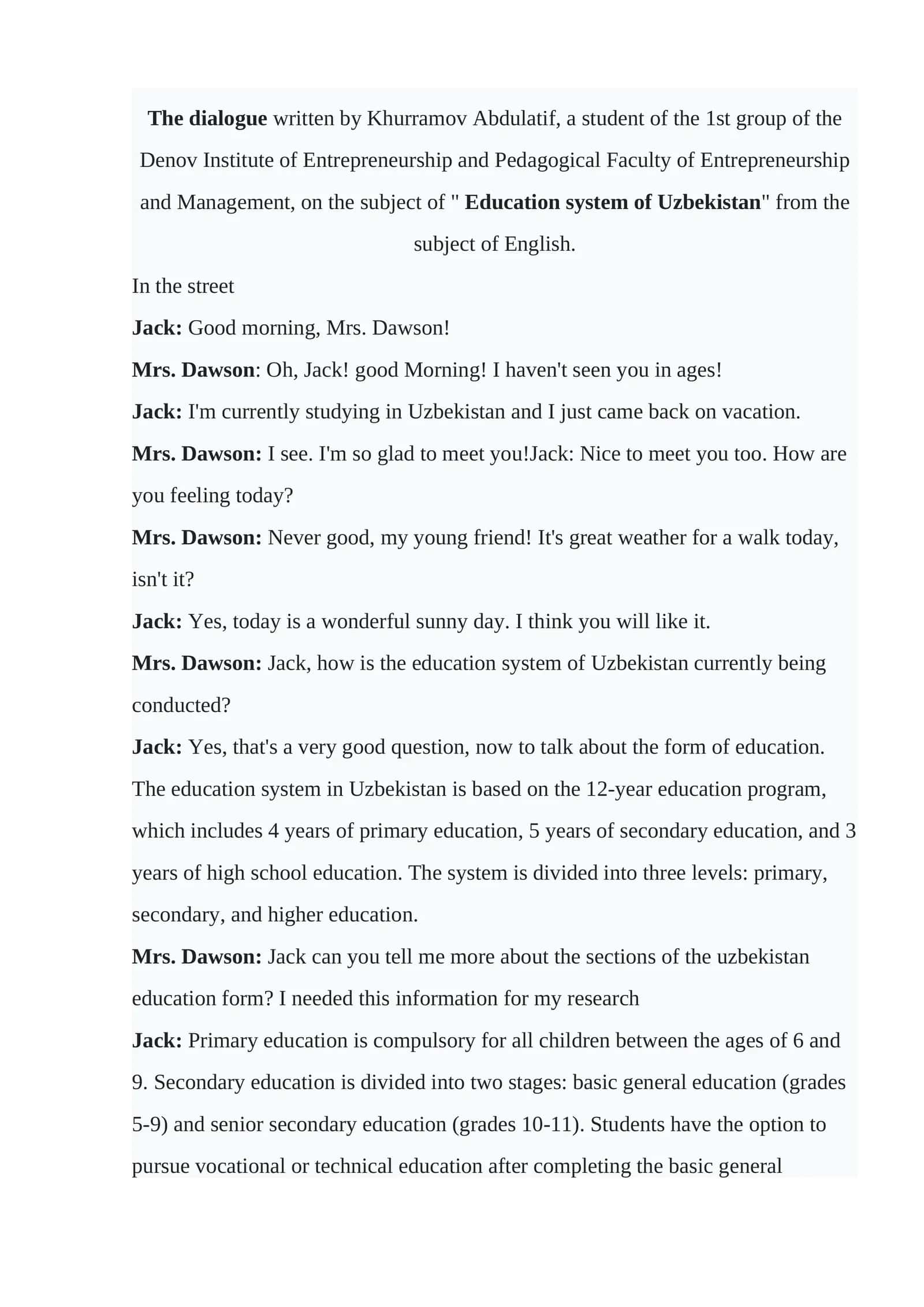 The dialogue  Education system of Uzbekistan 1