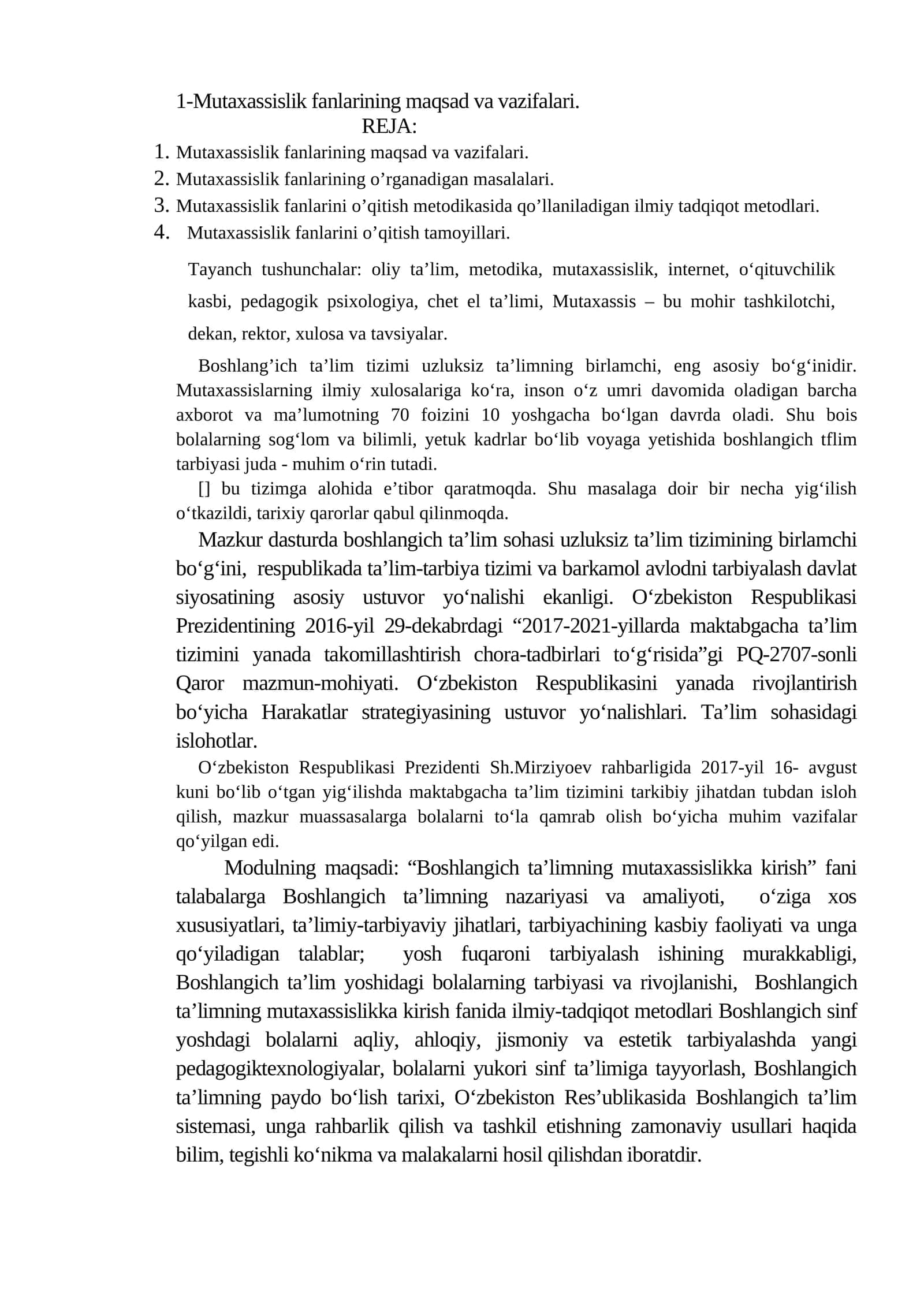 Mutaxassislik fanlarining maqsad va vazifalari 1