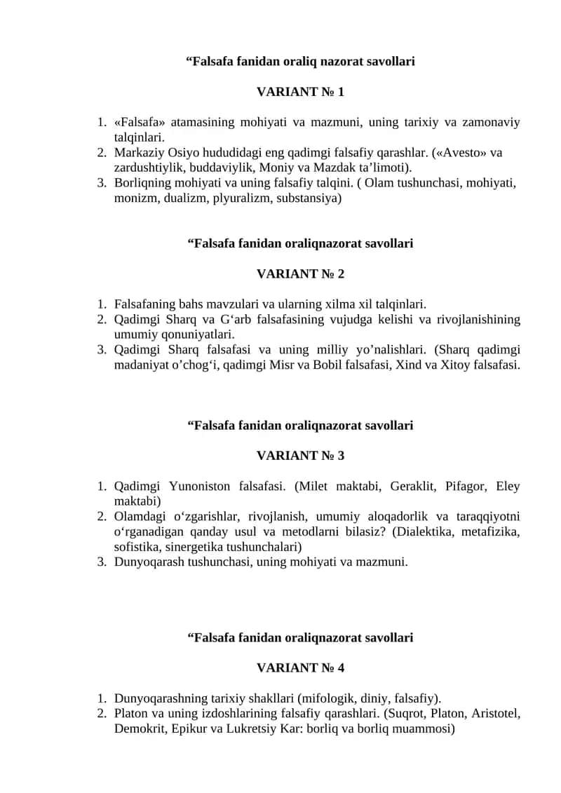 Falsafa fanidan oraliq nazorat savollari VARIANT № 4 1