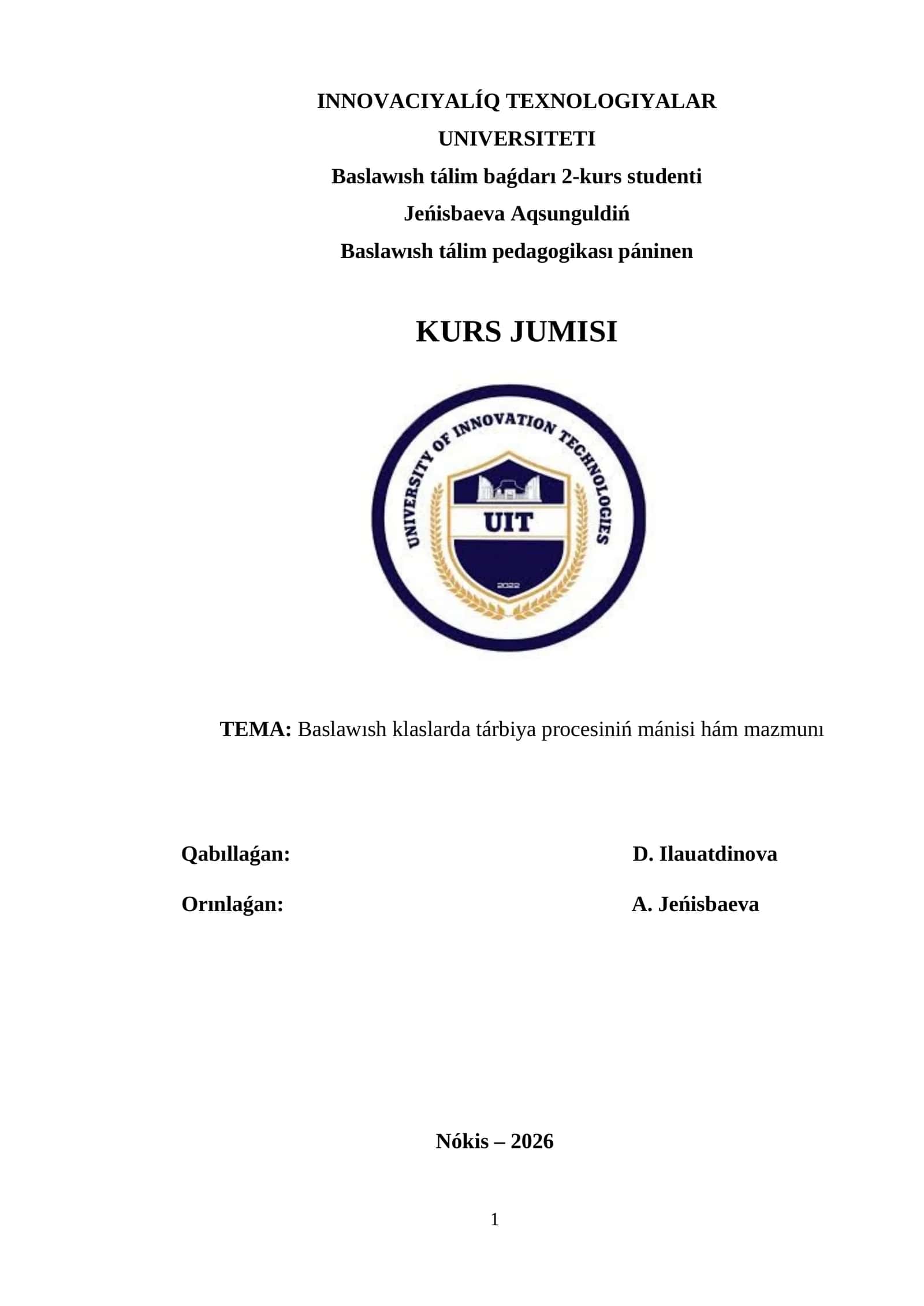Baslawısh klaslarda tárbiya procesiniń mánisi hám mazmunı 1
