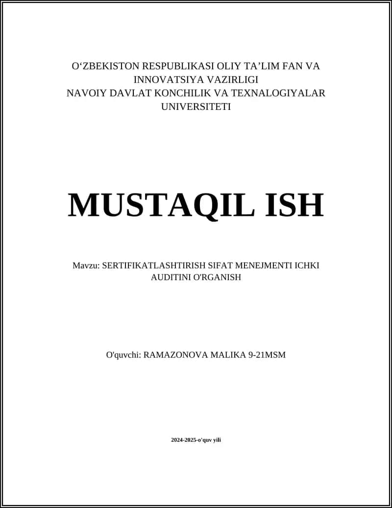 SERTIFIKATLASHTIRISH SIFAT MENEJMENTI ICHKI AUDITINI O'RGANISH 1