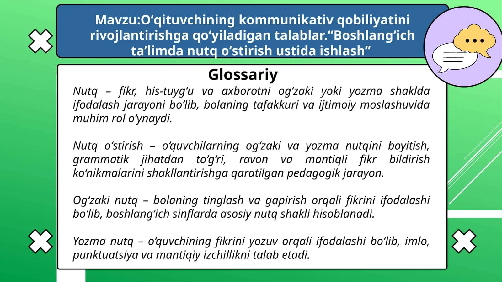 Nutq va nutq oʻstirish test glossariy va taqdimot 1