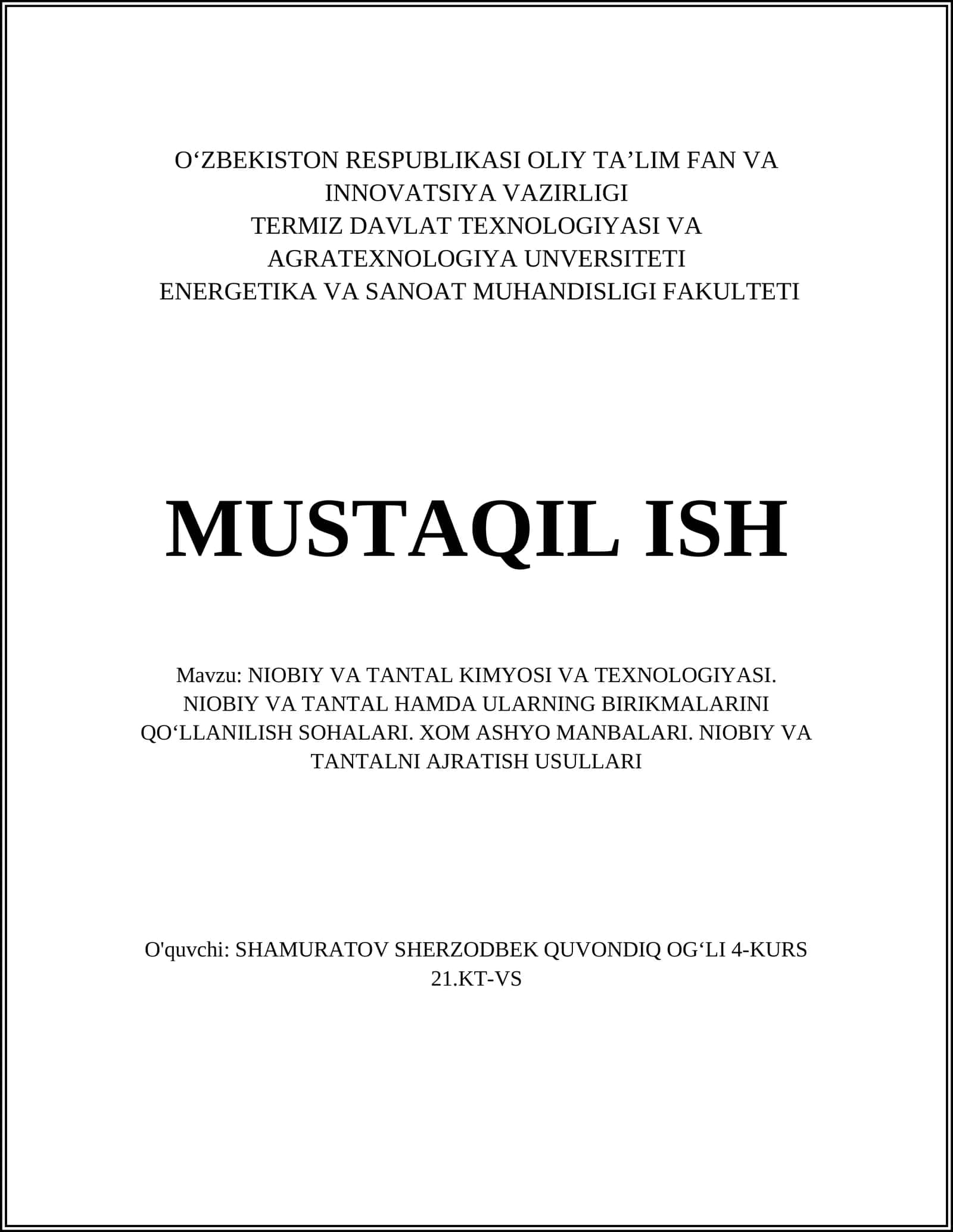 NIOBIY VA TANTAL KIMYOSI VA TEXNOLOGIYASI 1