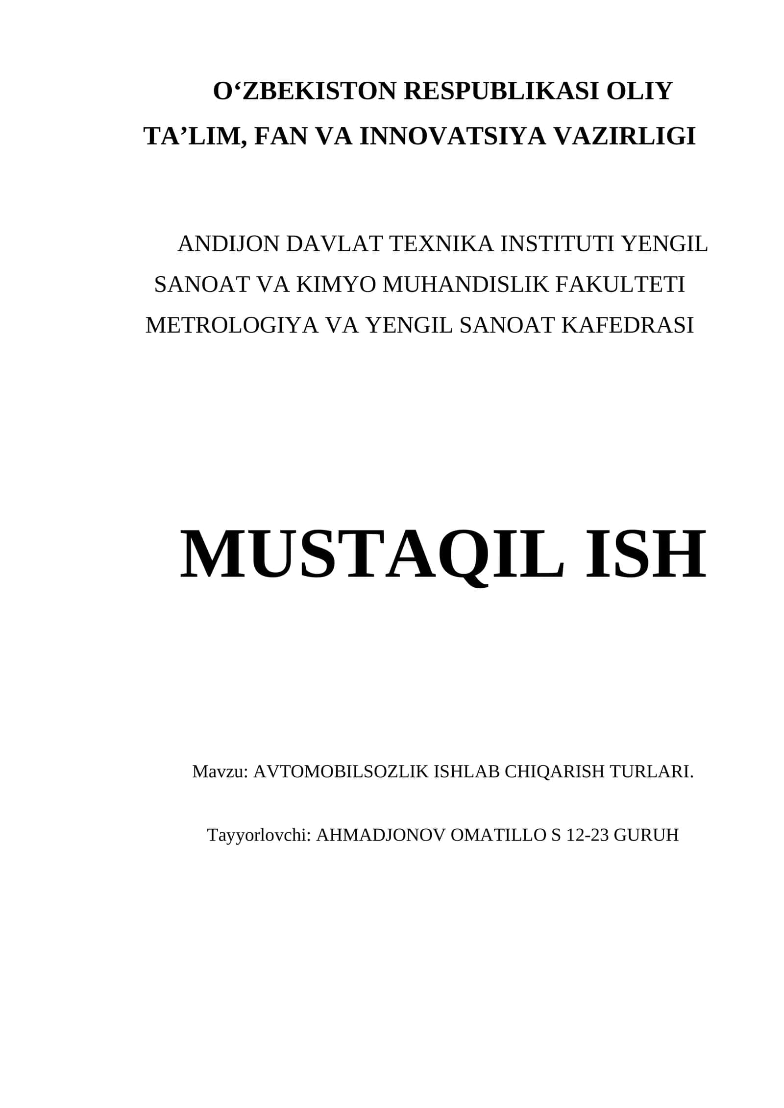 AVTOMOBILSOZLIK ISHLAB CHIQARISH TURLARI 1