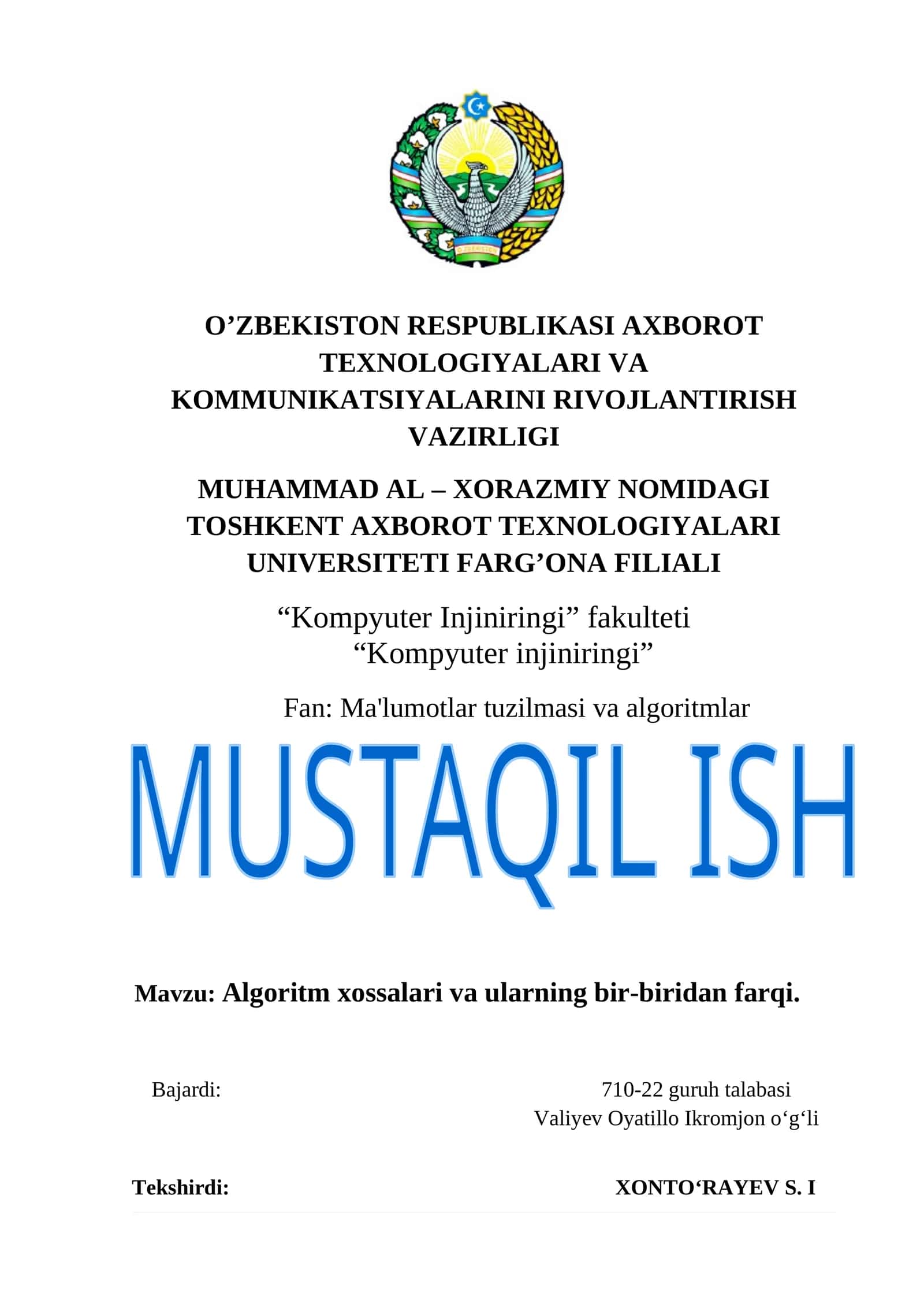 Algoritm xossalari va ularning bir-biridan farqi 1